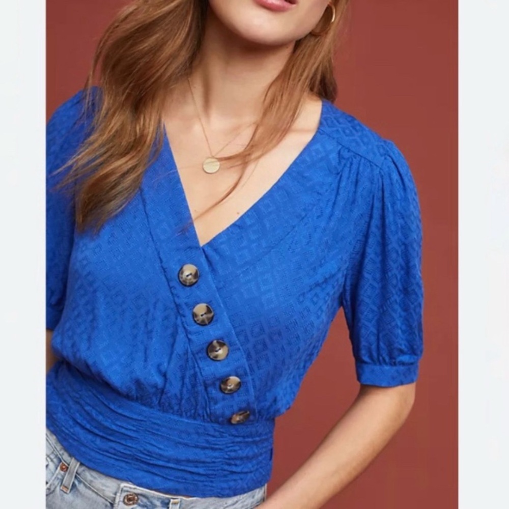 Maeve Blue Ruched V-Neck Blouse